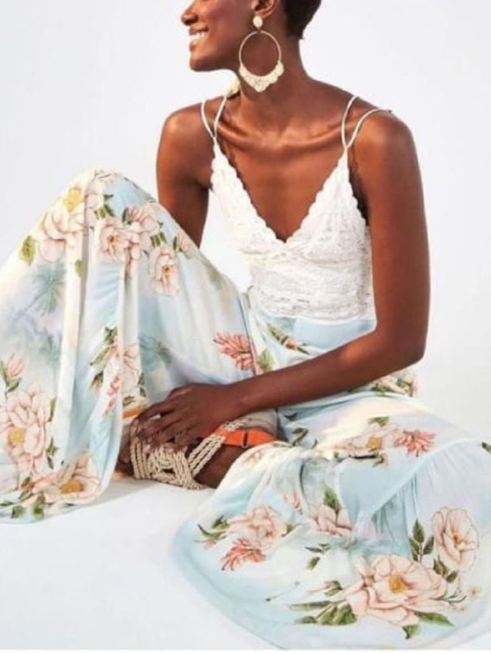 FARM Rio Light Blue Floral Maxi Dress with White Lace Bodice